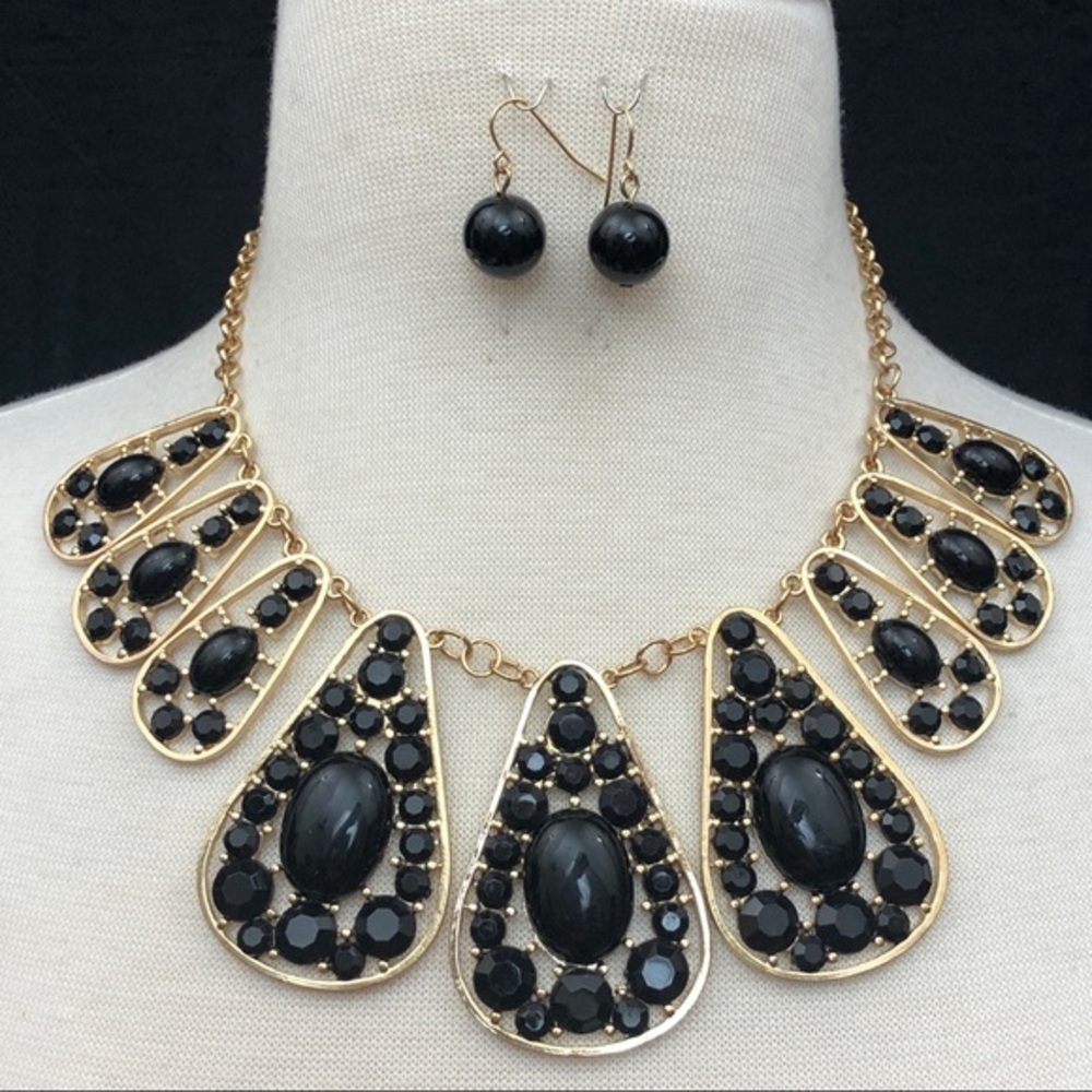 Large Black & Gold Teardrop Flair Chunky Bold Statement Necklace Earrings Set